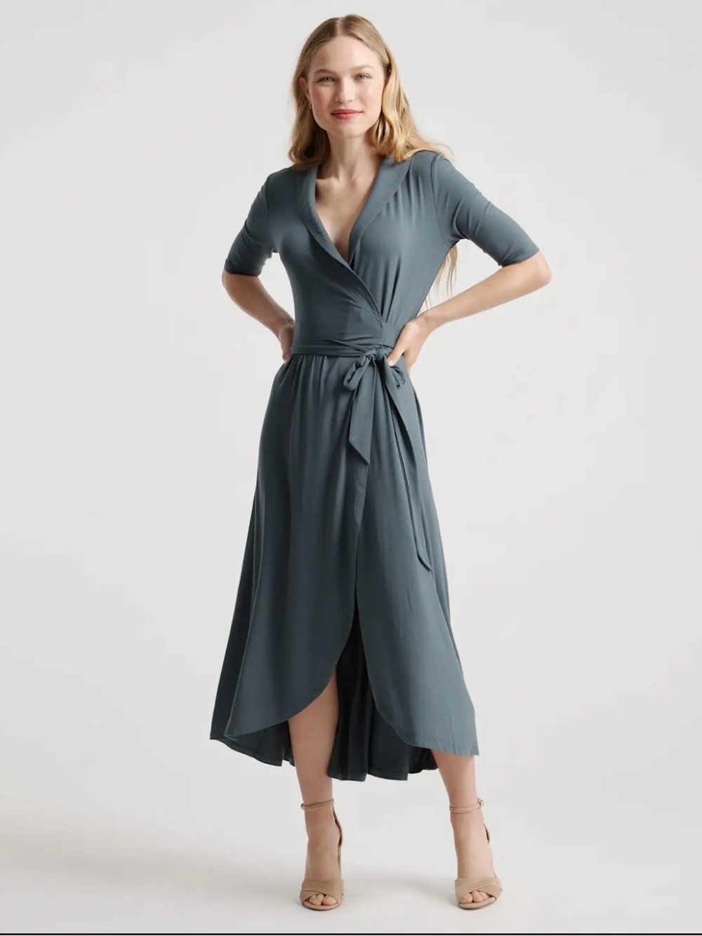 Quince Dark Olive Wrap Midi Dress NWT